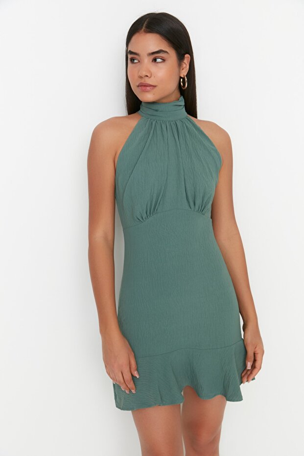 Haki Halter Yaka A Kesim Astarlı Mini Dokuma Elbise TWOSS21EL1538 - 1