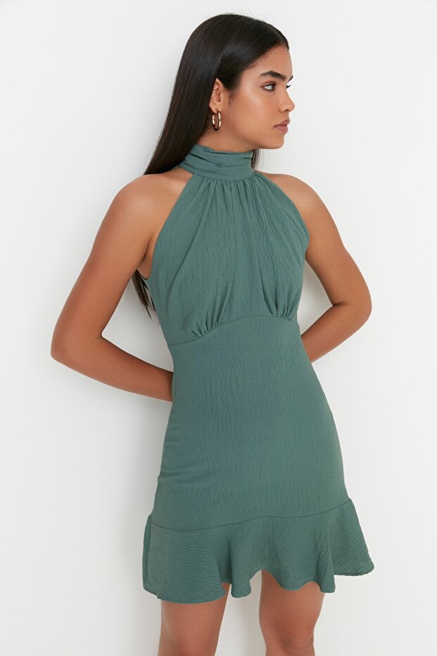 Haki Halter Yaka A Kesim Astarlı Mini Dokuma Elbise TWOSS21EL1538 - 2