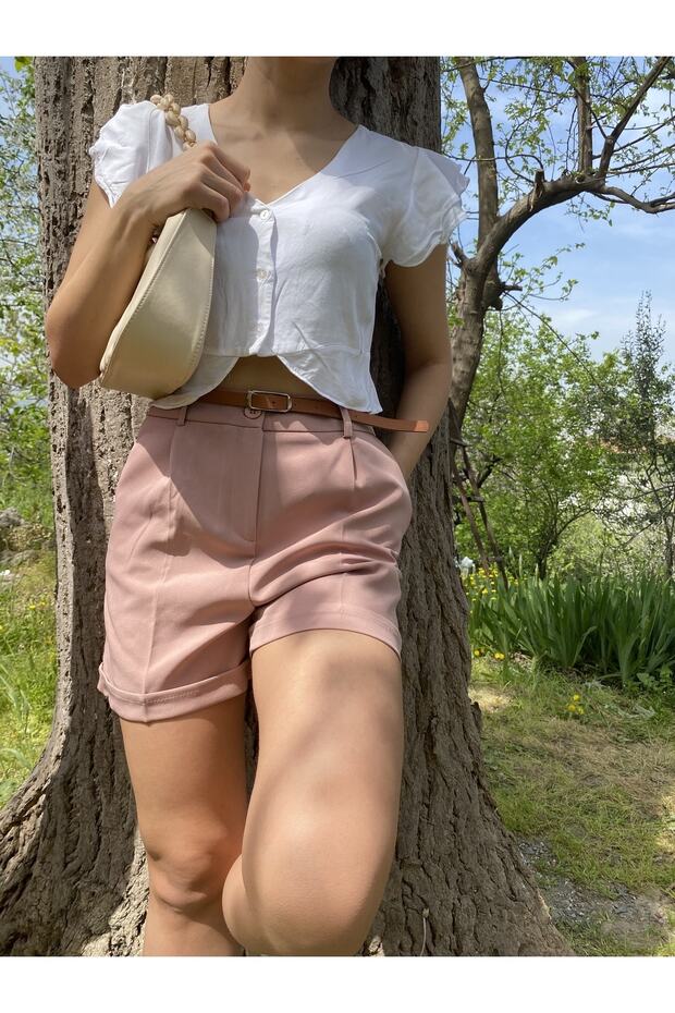 Gül Kurusu Kemer Detaylı Şort - 1