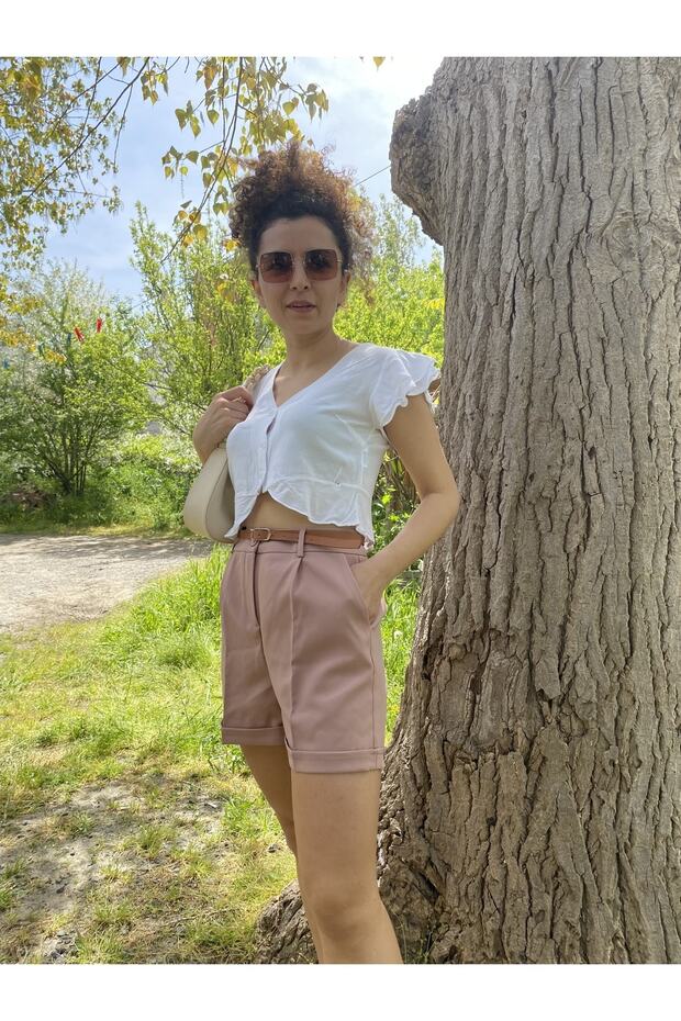 Gül Kurusu Kemer Detaylı Şort - 4