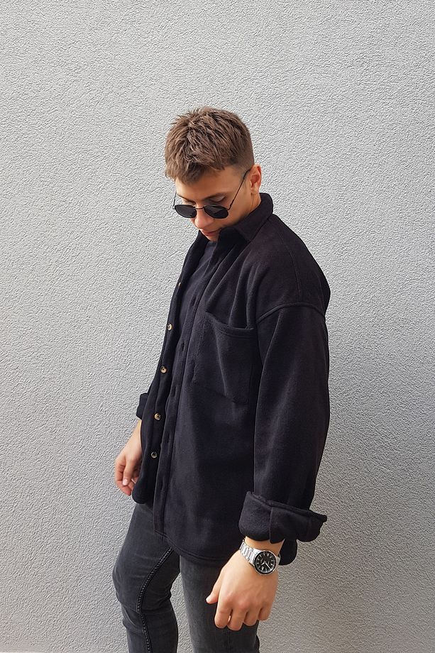 Unisex Siyah Oversize Tek Cepli Polar Oduncu Gömlek - 8