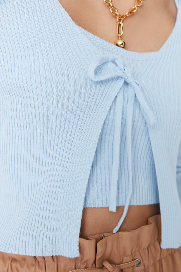 Açık Mavi Crop Bağlama Detaylı Bluz-Hırka Triko Takım TWOSS21HI0002 - 4