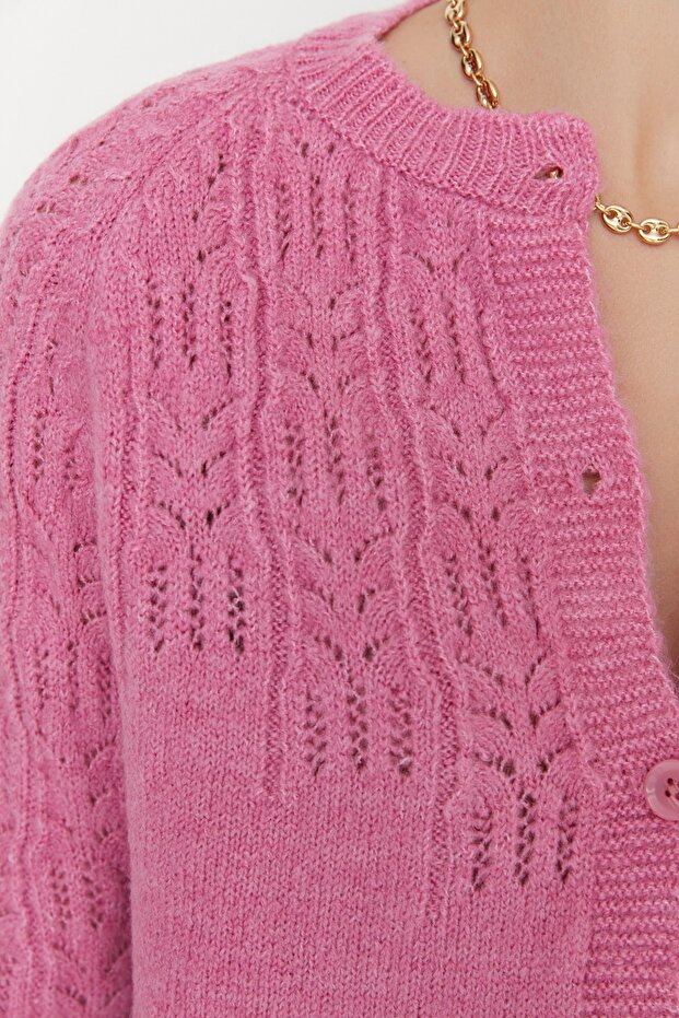 Pembe Yumuşak Dokulu Ajurlu/Delikli Triko Hırka TWOAW21HI0020 - 4