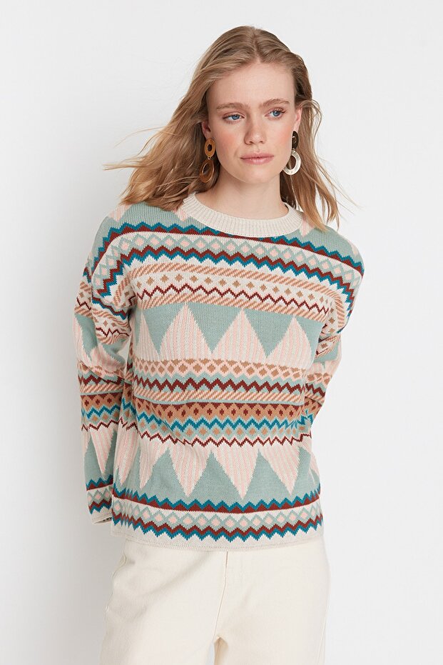 Трикотажен пуловер с широко деколте и мента TWOAW21KZ0941 - 2