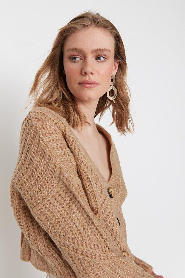 Camel Soft Textured Crop Button Detailed Knitwear Cardigan