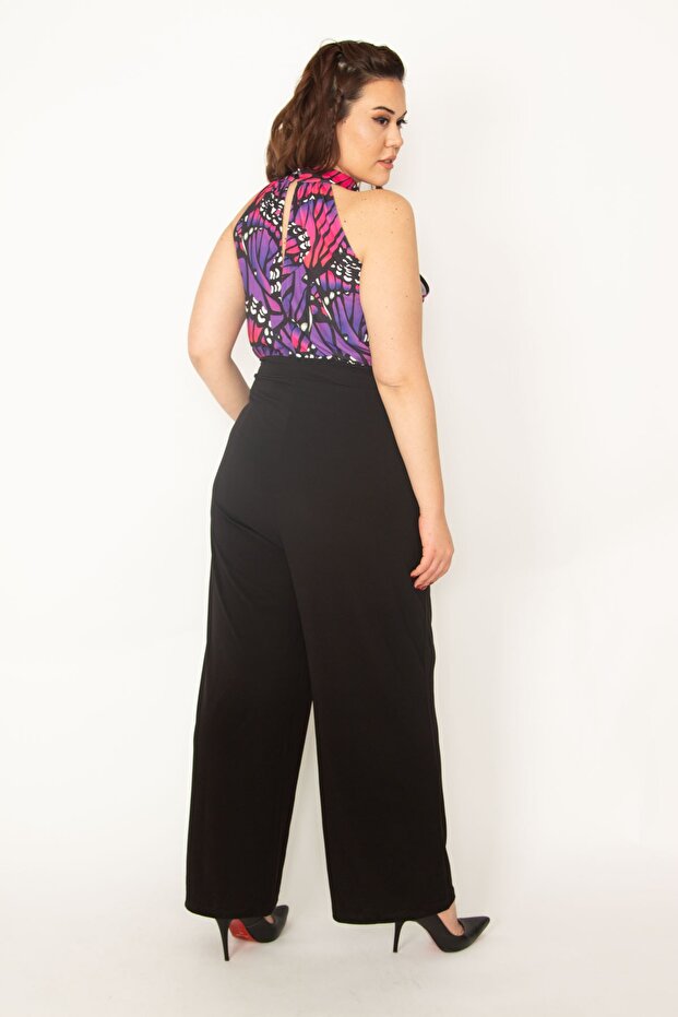 Women's Large Size Black Halter Collar Blouse Part Patterned Pocket Jumpsuit 65n32748 - 5