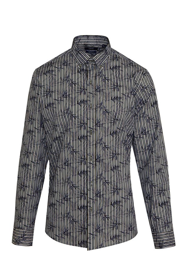 Khaki Comfort Fit Printed 100% Cotton Buttoned Collar Long Sleeve Casual Shirt