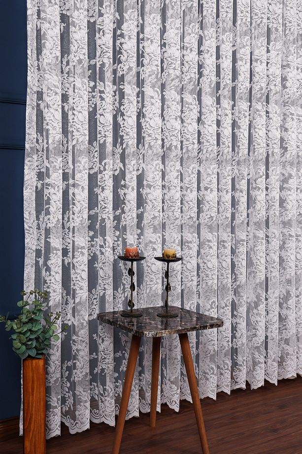 Gül Desenli Dantel Tül Perde, 350x250cm, 1/3 Sık Pile, Krallar04181 - 2