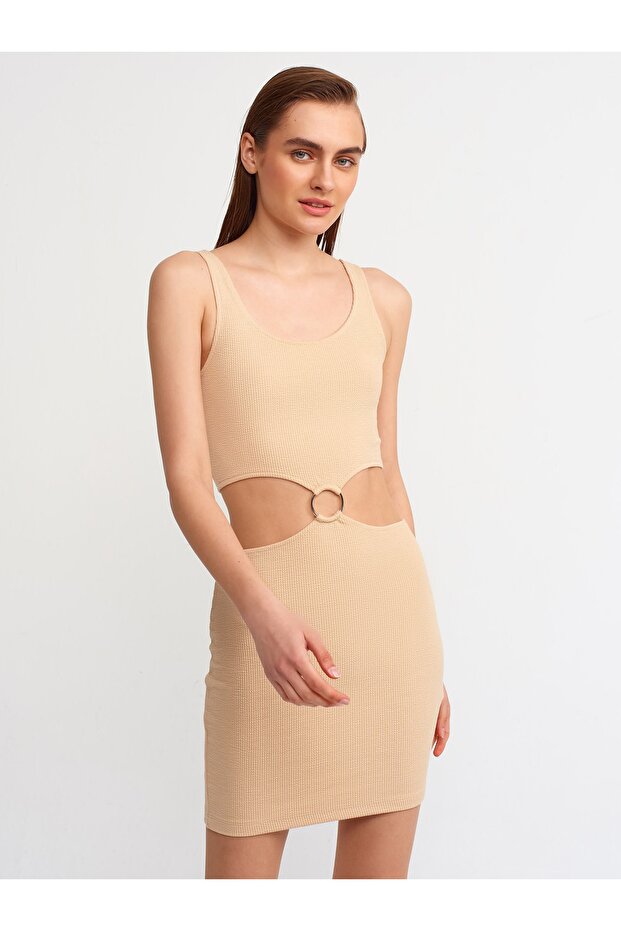 90338 Ring Detailed Dress-beige
