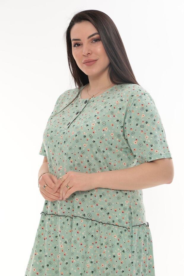 Çiçek Desenli Çift Fırfırlı Yeşil Modal Elbise - 3