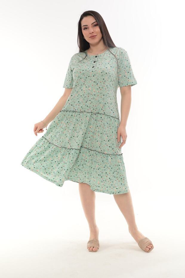 Çiçek Desenli Çift Fırfırlı Yeşil Modal Elbise - 4