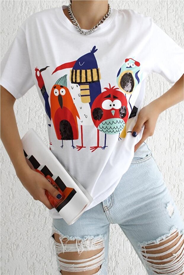 Women's White Crew Neck Character Printed Sequined Embroidered T-Shirt