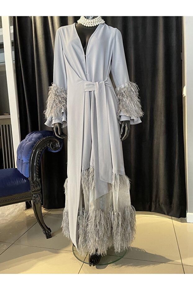 Gray Skirt Organza Feathered Sleeves Flywheel Side Tie Abaya