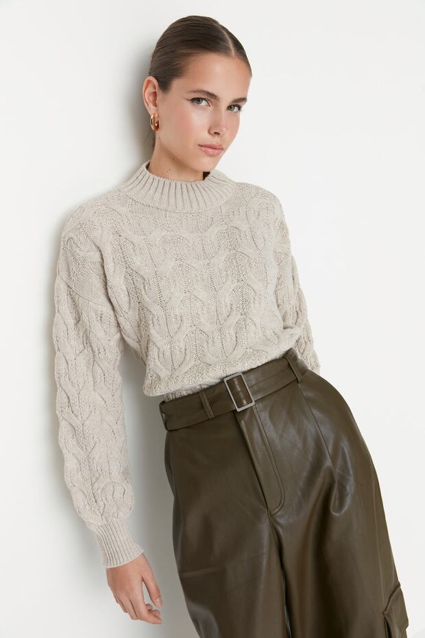 Trendyolmilla  Taş Crop Dik Yaka Triko Kazak TWOAW22KZ1634 - Görsel 2