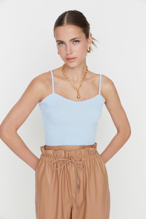 Açık Mavi Crop Bağlama Detaylı Bluz-Hırka Triko Takım TWOSS21HI0002 - 2