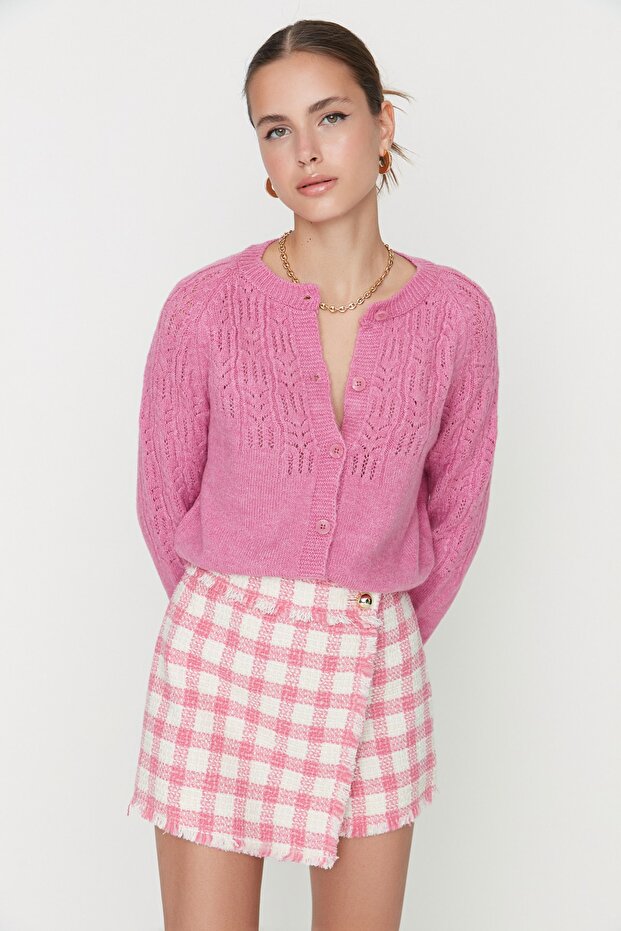 Pembe Yumuşak Dokulu Ajurlu/Delikli Triko Hırka TWOAW21HI0020 - 3