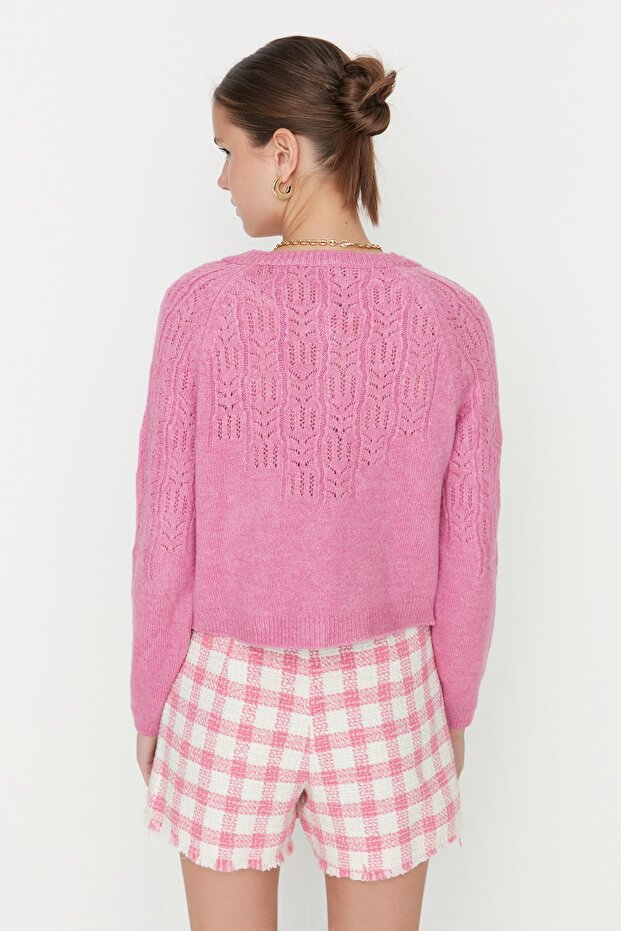 Pembe Yumuşak Dokulu Ajurlu/Delikli Triko Hırka TWOAW21HI0020 - 5
