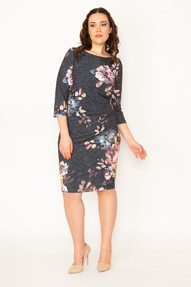 Women's Large Size Colorful Floral Patterned Waist Detailed Lined Dress 65n32608