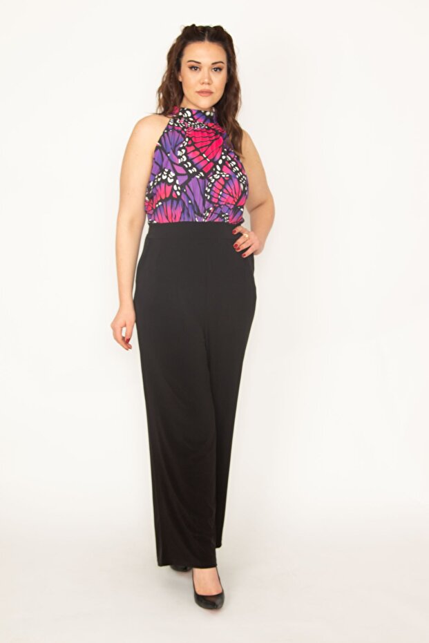 Women's Large Size Black Halter Collar Blouse Part Patterned Pocket Jumpsuit 65n32748 - 2