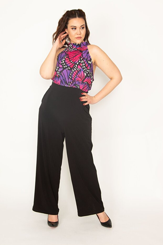 Women's Large Size Black Halter Collar Blouse Part Patterned Pocket Jumpsuit 65n32748 - 3