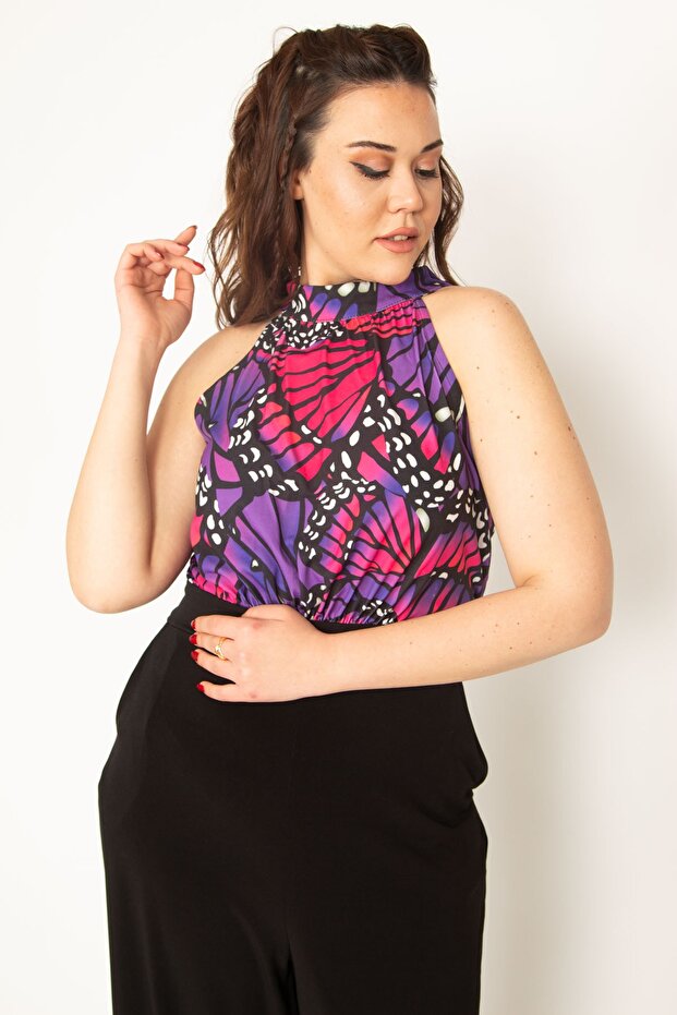 Women's Large Size Black Halter Collar Blouse Part Patterned Pocket Jumpsuit 65n32748 - 4