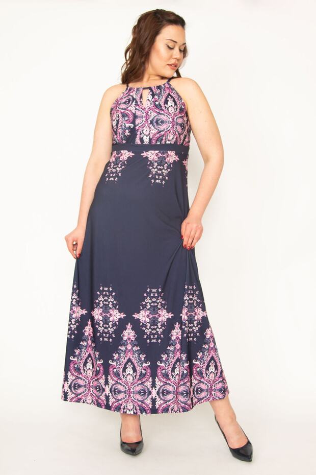 Women's Plus Size Navy Blue Kiss Collar Strap Dress 65n32746