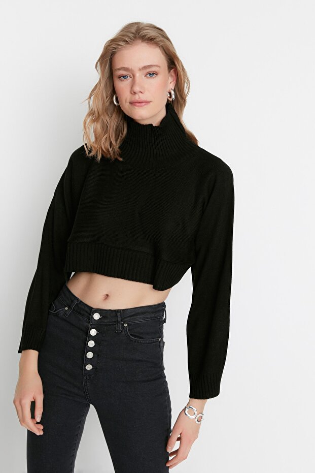 Siyah Süper Crop Basic Triko Kazak TWOAW21KZ0163 - 3
