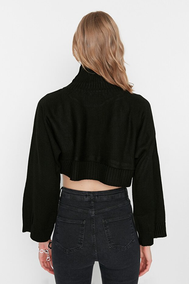 Siyah Süper Crop Basic Triko Kazak TWOAW21KZ0163 - 5