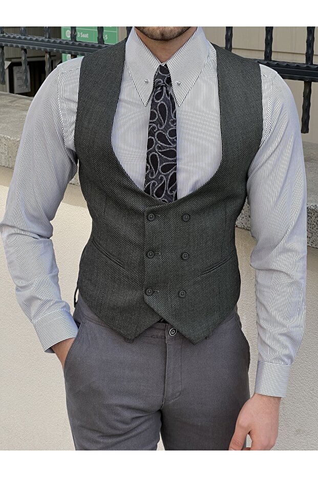 Slim Fit Double Breasted Green Vest