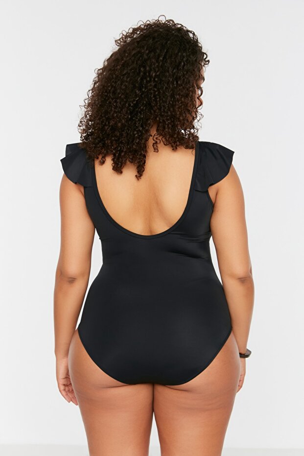 Чорний глибокий закритий купальник з глибоким V-подібним вирізом з оборками TBBSS22MA0299 - 5