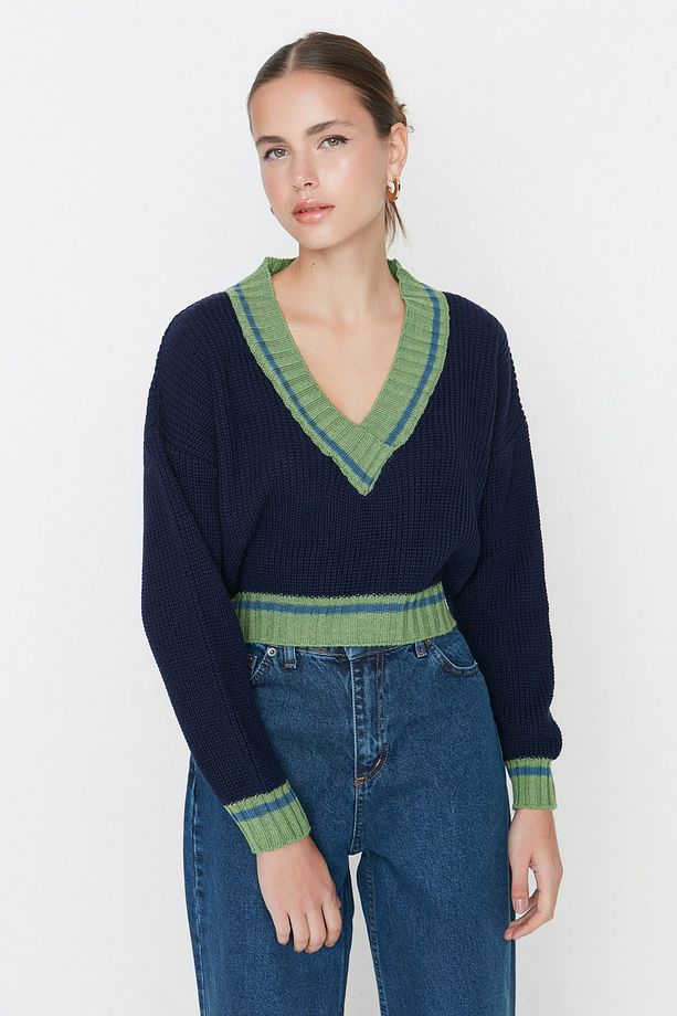 Lacivert Crop Kolej Temalı Triko Kazak TWOAW22KZ1492 - 3