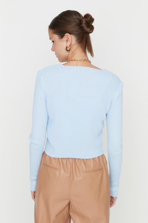 Açık Mavi Crop Bağlama Detaylı Bluz-Hırka Triko Takım TWOSS21HI0002 - 6