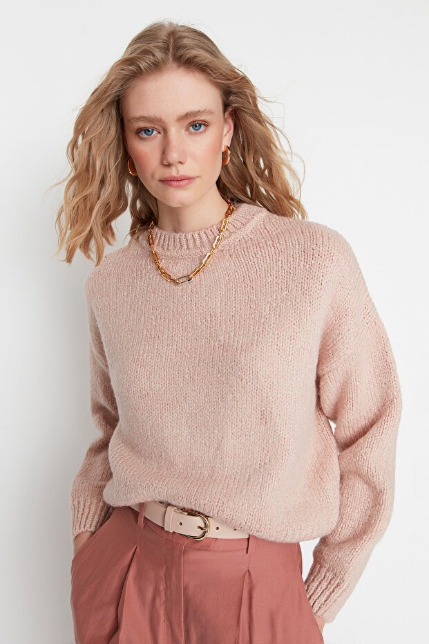 Puderfarbener, weich strukturierter Basic-Strickpullover mit weiter Passform TWOAW23KZ00185 - 3