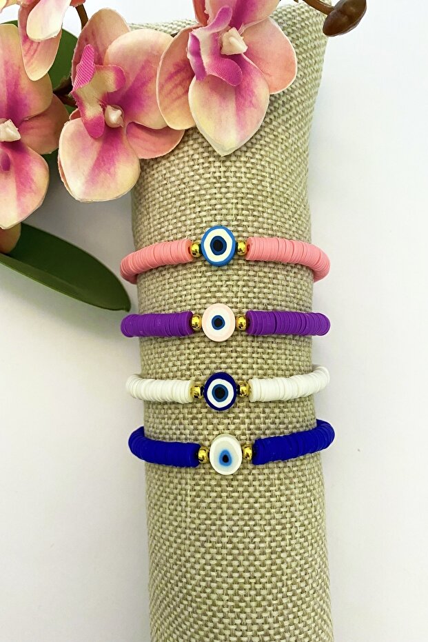 4-Piece Kids Bracelet Set with Evil Eye Beads - Pink Purple White Navy Blue