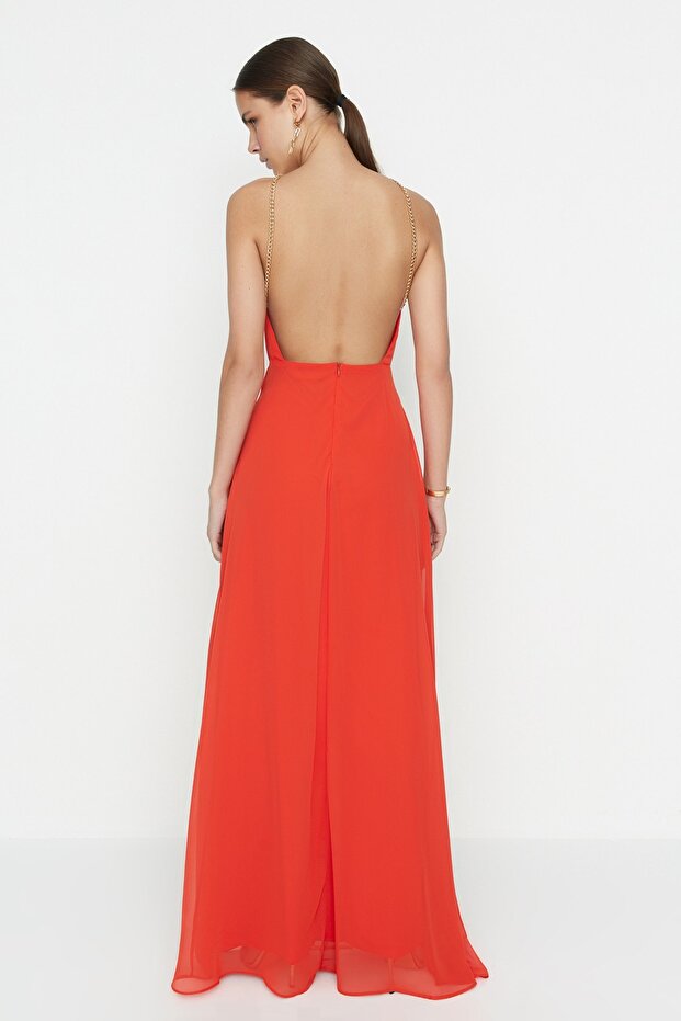 Dlouhé večerní šaty s květinovým vzorem z granátového jablka ve střihu do A - TPRSS22AE0151 - 5