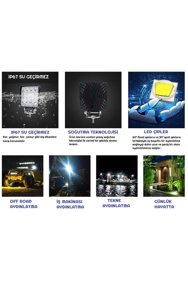 2 Adet 16 Led Kare Off Road Araç Iş Makinesi Kamyon Tekne Traktör Projektör Çalışma Ve Sis Lambası - 4