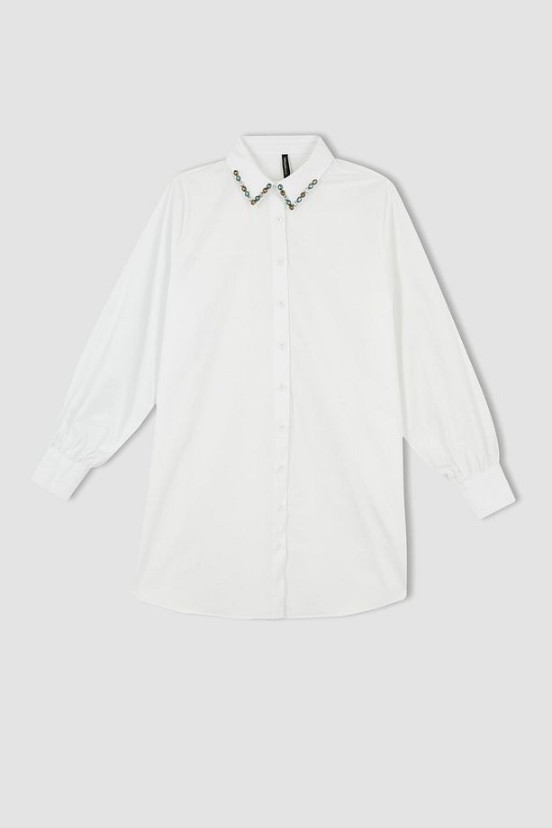 Regular Fit Yaka Taş Detaylı Uzun Kollu Poplin Gömlek %100 Pamuk Tunik - 4
