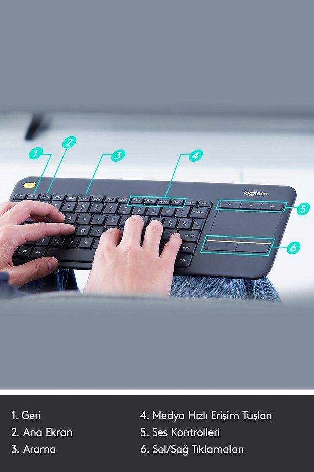 K400 Plus Dokunmatik Yüzeyli USB Bağlantılı Türkçe Q TV Klavyesi - Siyah - 6