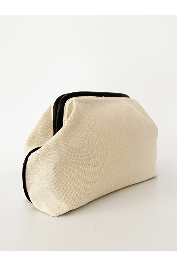 Women's Black Piping Canvas Linen Clutch Handbag