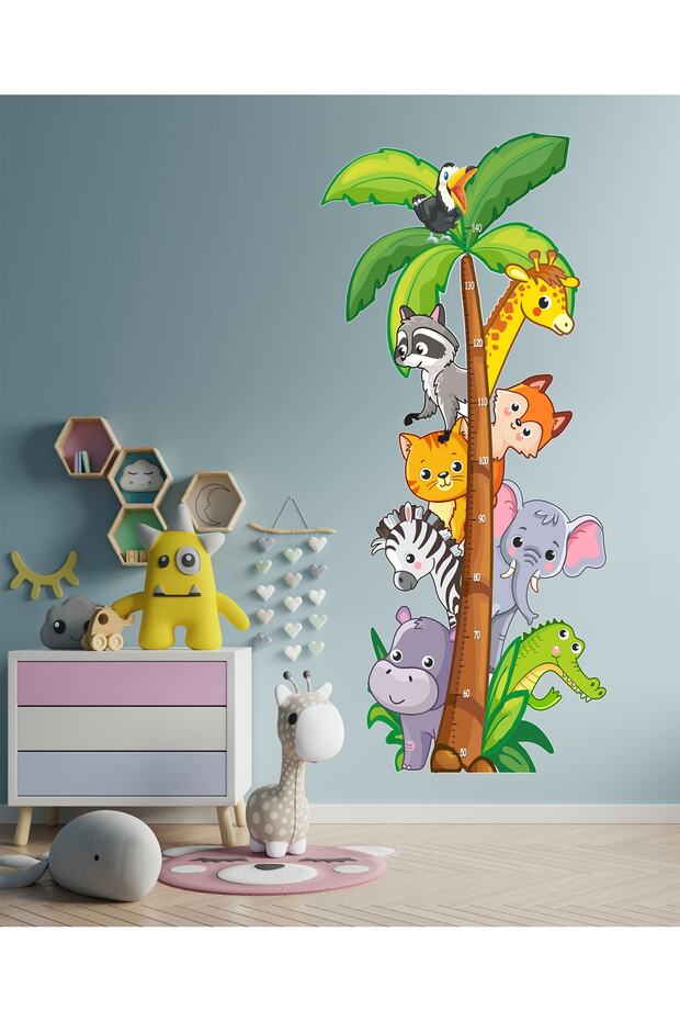 Cute Safari Animals Themed Height Meter Children's Room Multi-Purpose Cabinet Wall Sticker Set