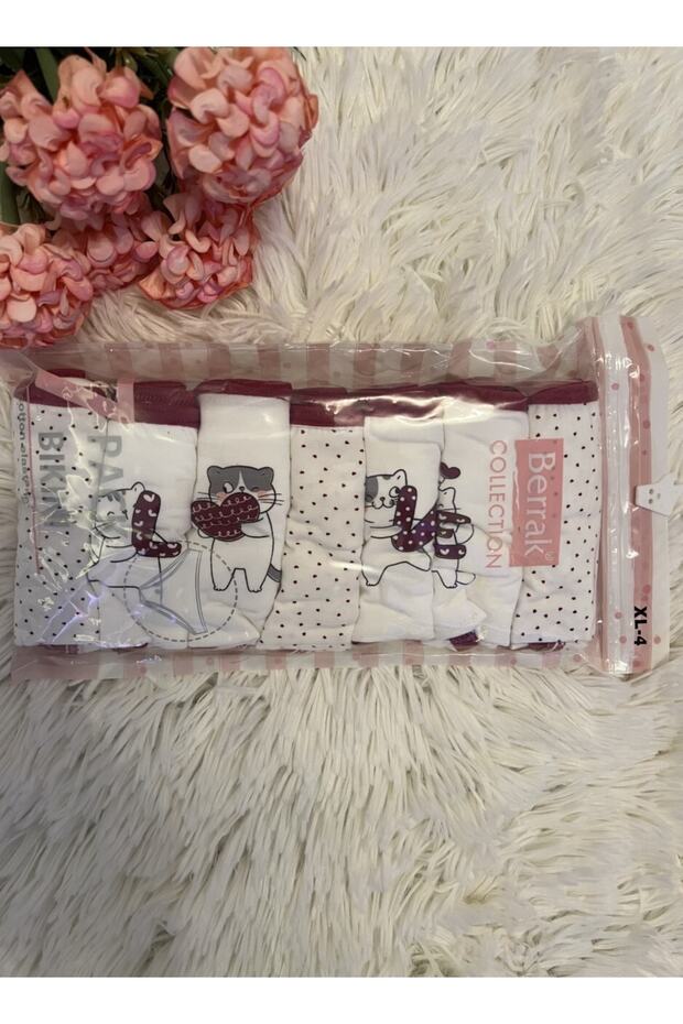 11444 Burgundy Cat Patterned Women's 7-Piece Panties