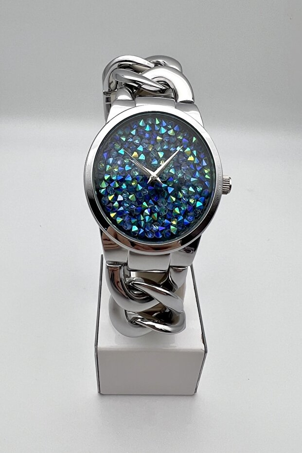 White Steel Cord Blue Dial Stone Women's Wristwatch