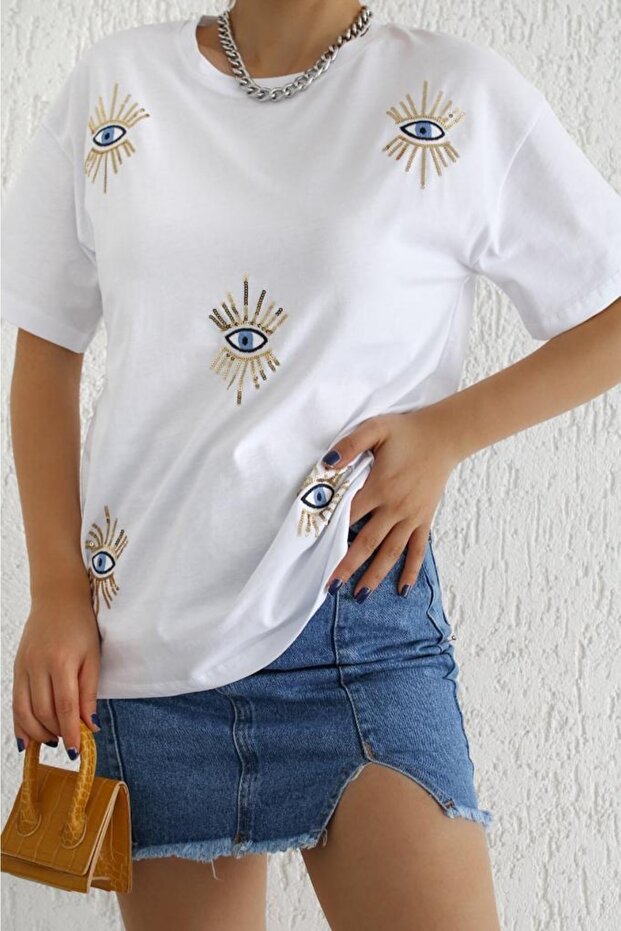 Women's Crew Neck Eye Patterned Sequins and Embroidery Embroidered 100% Cotton T-Shirt