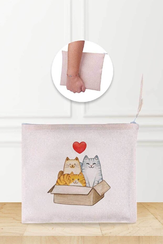 Gift Cats Patterned Linen Makeup Bag - 1