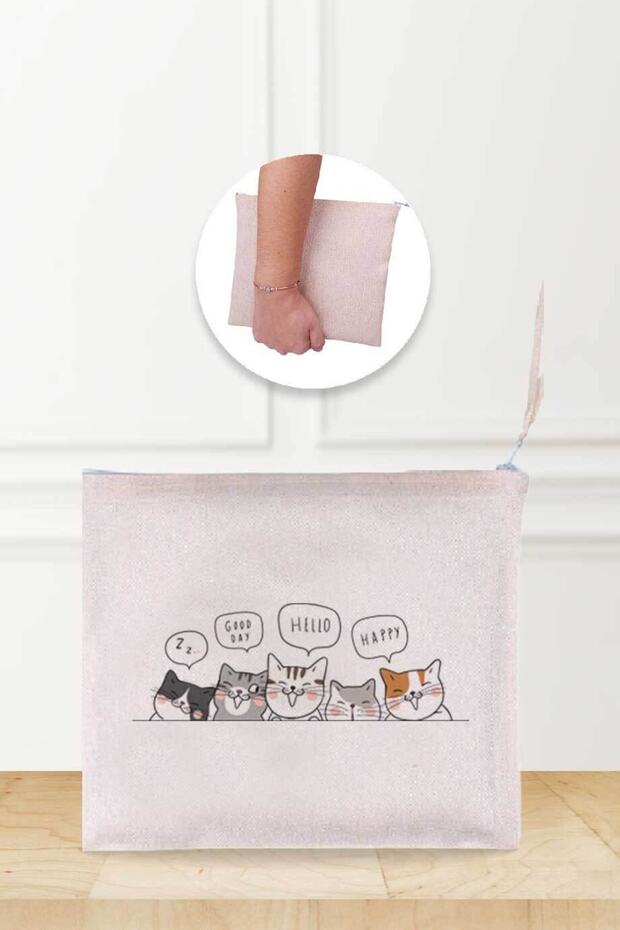 حقيبة مكياج من الكتان منقوشة من Hello Cat - 1