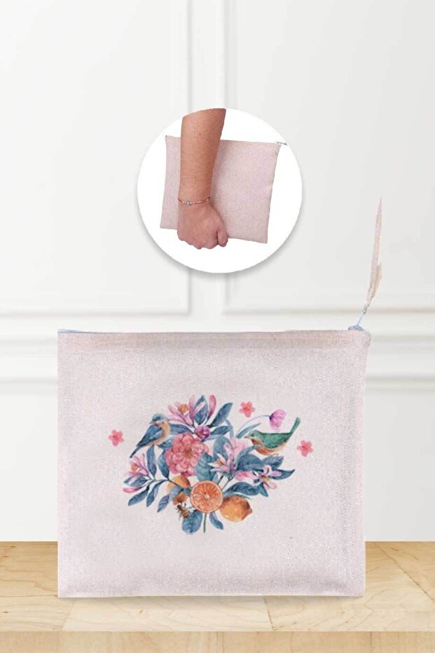 Flower And Bird Patterned Linen Makeup Bag