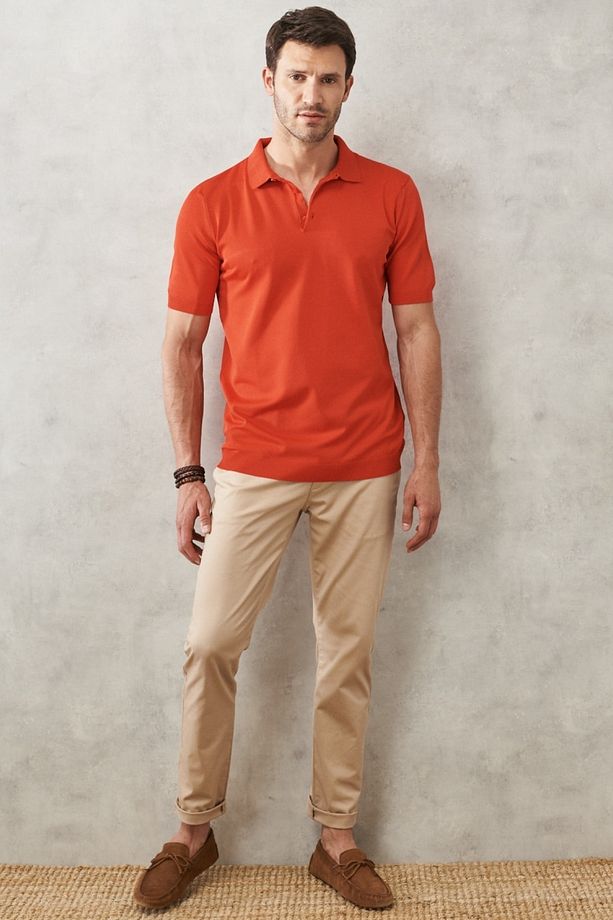 Erkek Kırmızı Standart Fit Düz Polo Yaka Kısa Kollu Triko Tişört - 5
