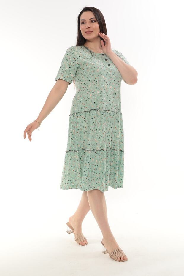 Çiçek Desenli Çift Fırfırlı Yeşil Modal Elbise - 1