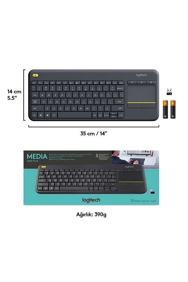 K400 Plus Dokunmatik Yüzeyli USB Bağlantılı Türkçe Q TV Klavyesi - Siyah - 8