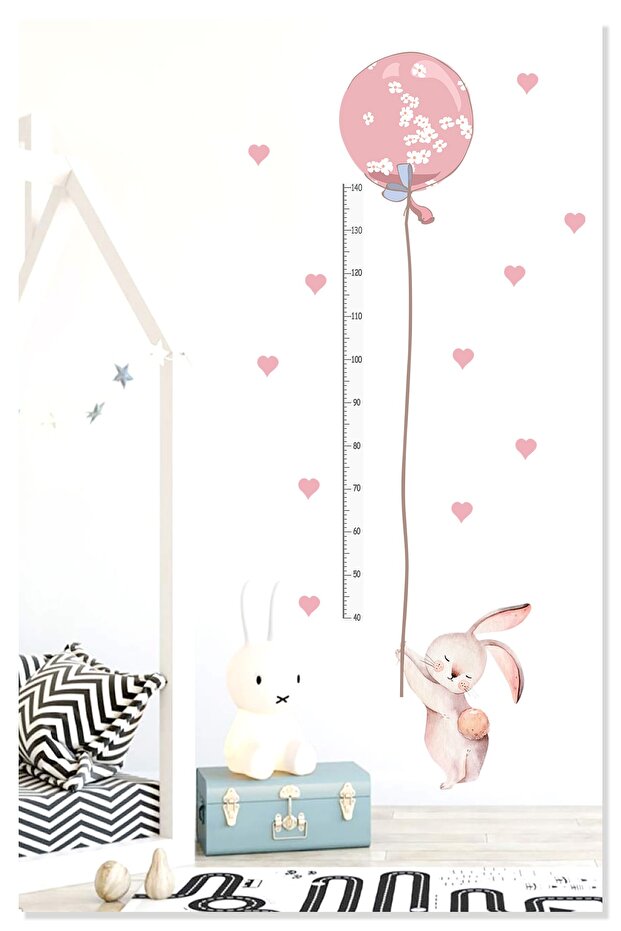 Pink Rabbit with Cute Balloons Height Gauge Decorative Kids Room Wall Sticker Wall Ornament